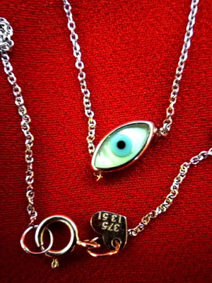 Gold necklace 375 with mother of pearl evil eye and side minimalist cross 45cm like new