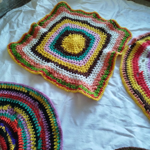 Crocheted table linens used, set of 6 colorful pieces