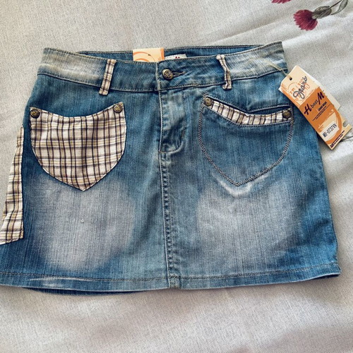 Denim mini skirt new with plaid details, size 26 S
