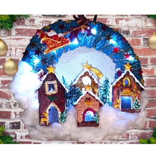 Handmade wreath Santa Claus with sleigh in Christmas village lit with LED