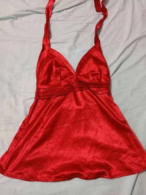 Satin blouse tied at neck like new, red