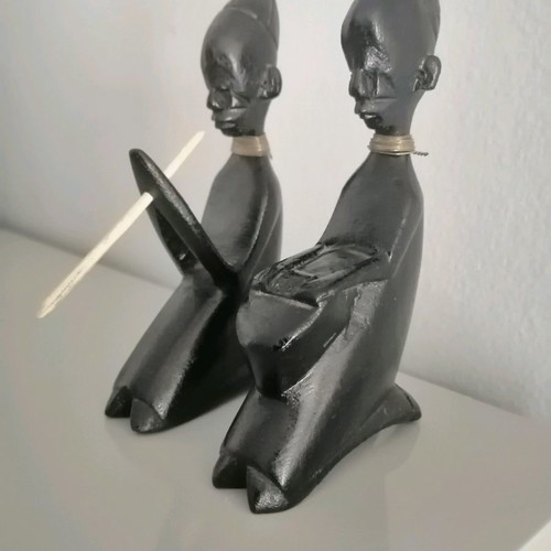 Ebony woodcarving set used, two African figures playing musical instruments