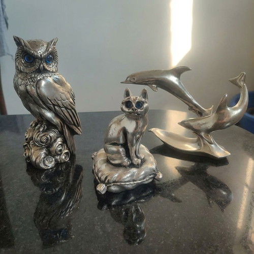Silver figurines used, owl, cat and dolphins set