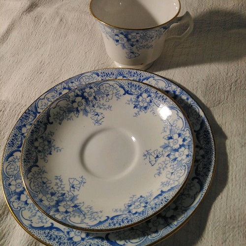 Antique English porcelain tea cup trio set with saucer and cake plate, blue