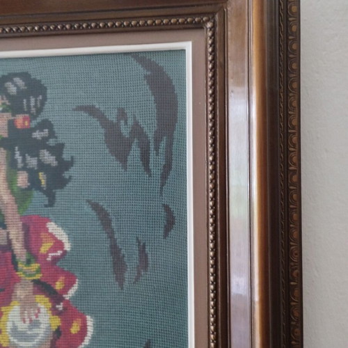 Vintage Handmade Embroidery "Spanish" – Canvas with Wooden Frame