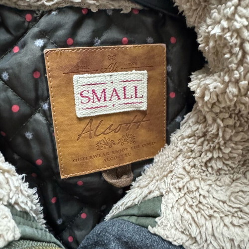 Alcott olive jacket used with zipper flaws, size S