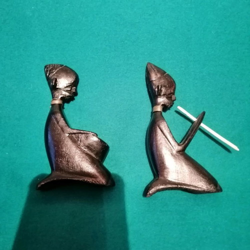 Ebony woodcarving set used, two African figures playing musical instruments