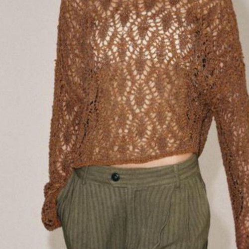 Zara brown knit sweater with bell sleeves and openwork pattern