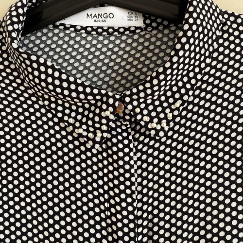 Mango women's black and white polka dot shirt like new with pearls