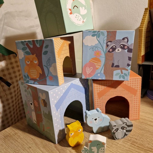 Small Foot stacking toy cubes and animals used