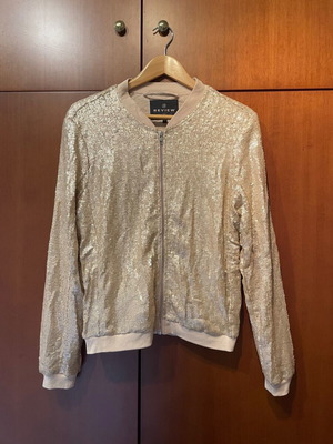 Review cardigan with sequins like new, beige and pink