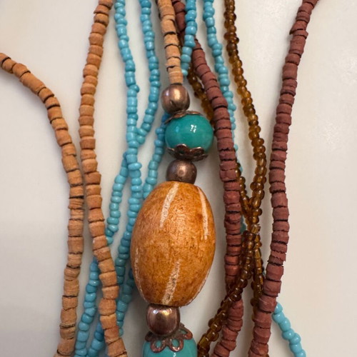 Women's long necklace from beads and wood like new, turquoise and brown