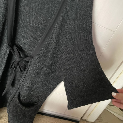 Figaro knitted cardigan used, dark gray with black trim, pockets, tie front
