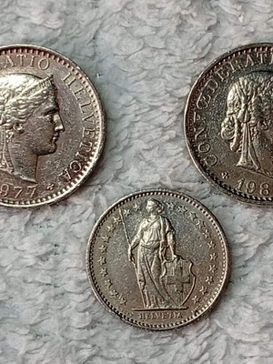 Swiss Coins used, set of 3, 20 Rappen and ½ Franc