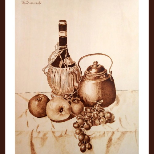 Still life pyrography painting on linden wood by Triantafyllos Xanthopoulos