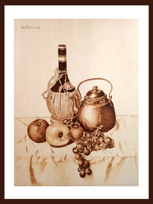 Still life pyrography painting on linden wood by Triantafyllos Xanthopoulos