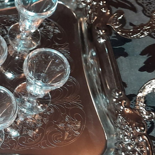 Twin bird serving tray used, nickel-plated steel, 1980s vintage