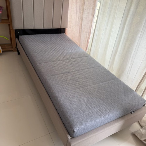Single bed with fabric upholstery and IKEA mattress like new