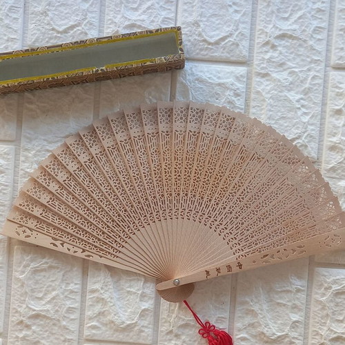 Set of 2 fans new, colorful and wooden with carving