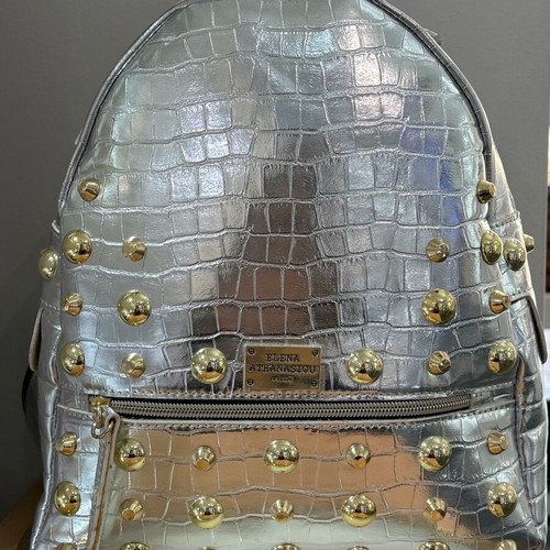 Elena Athanasiou silver backpack new, faux leather with gold studs