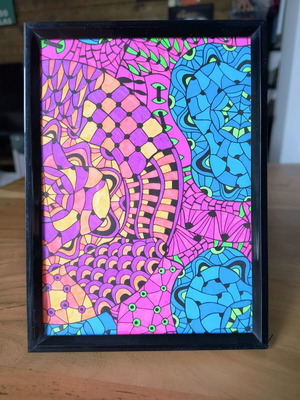 Hand-colored framed art new with pen, size 13×18