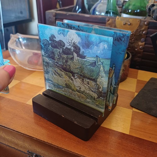 Set of 4 Vincent van Gogh Glass Coasters with Wooden Base – Collectible Art Coasters