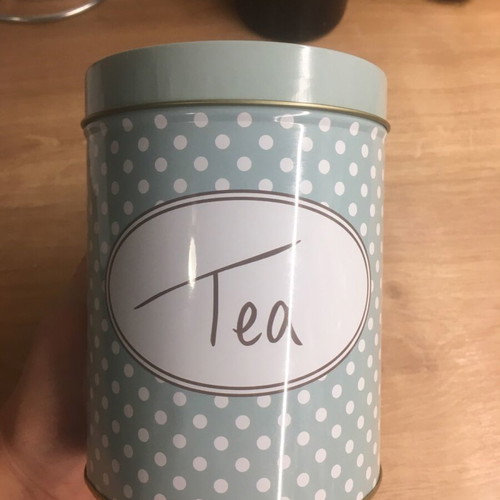 Metal tea tin like new veraman-white polka dot with floral lid