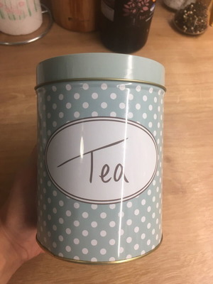 Metal tea tin like new veraman-white polka dot with floral lid