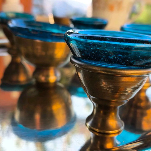 Vintage liqueur set used with bronze and blue glass cups