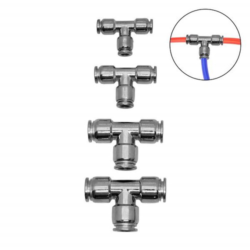 Set of pneumatic tee connectors for PU/PE/Nylon air tubes Ø6-8-10-12mm metal 4 pieces