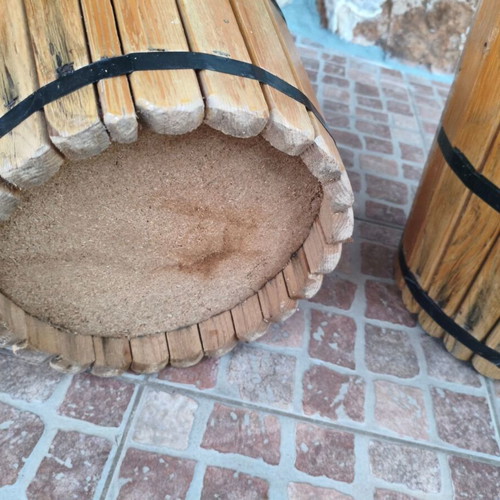 Set of 2 handmade wooden stools and side tables rustic barrel style used