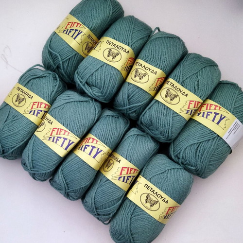 Fifty Fifty knitting yarn set of 10 green, 50% wool 50% acrylic, Petalouda