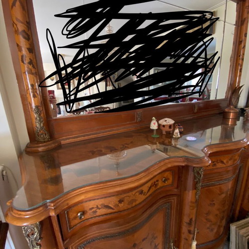 Louis XVI style buffet with mirror, like new, oak wood and marquetry