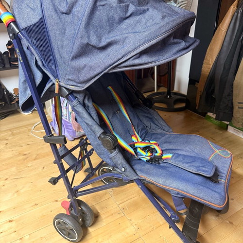 Mothercare Little Bird stroller used, denim fabric, rainbow straps