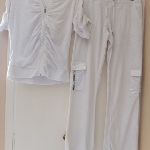 White terry cloth tracksuit with satin pockets and rhinestones, Myoom