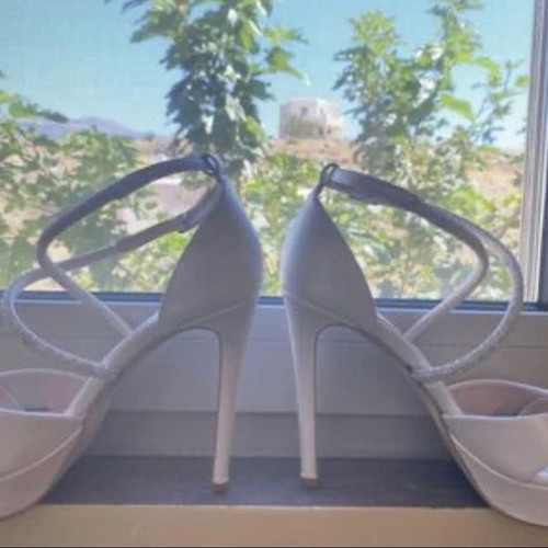 Handmade bridal sandals used, white pearl leather, size 38, 11.5cm heel