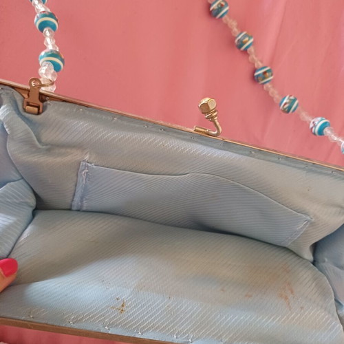 Handbag new, blue with beaded strap