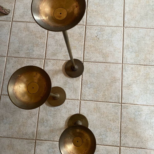 Vintage brass floor candlesticks used, set of 3 pieces
