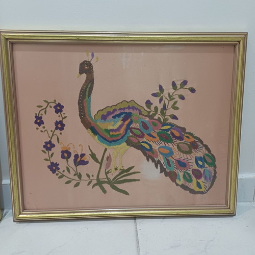Asymmetrical embroidered paintings with peacocks used, set of two