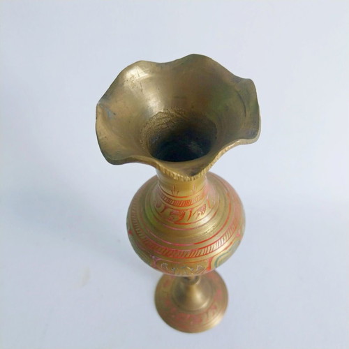 Vintage Indian brass vase used, hand engraved and painted