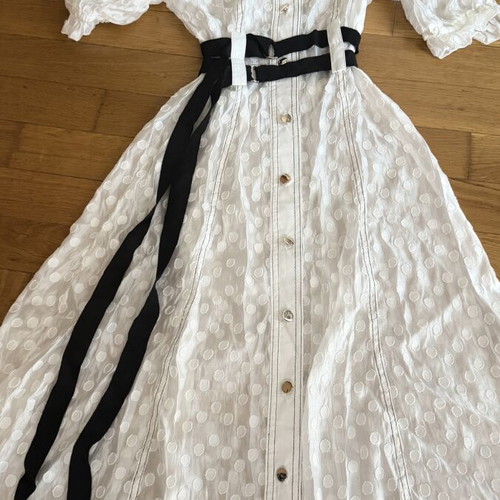 Midi dress S like new, white with puff sleeves and black waist ties