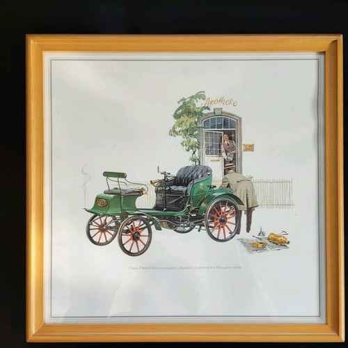 Collection of art prints with classic Opel car illustrations like new, 9 pcs