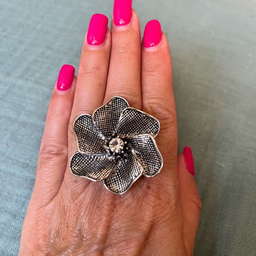 Flower ring, adjustable, grey