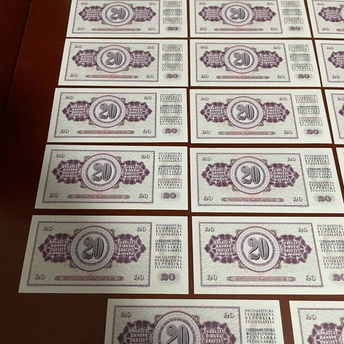 Yugoslavia 20 Dinar Banknotes 1974 unc, lot of 20 pieces