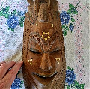 African Wood Carved Mask Hand Painted Ceremonial Tribal Tiki Decor Wall Hanging 40cm ύψος 17cm μήκος