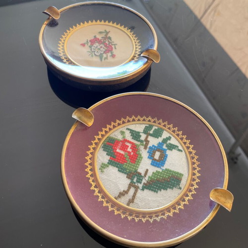 Vintage metal ashtrays with handmade embroidery, used, set of 2