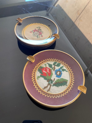 Vintage metal ashtrays with handmade embroidery, used, set of 2