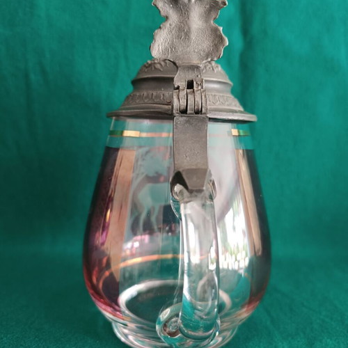 Bohemian glass beer stein with pewter lid like new