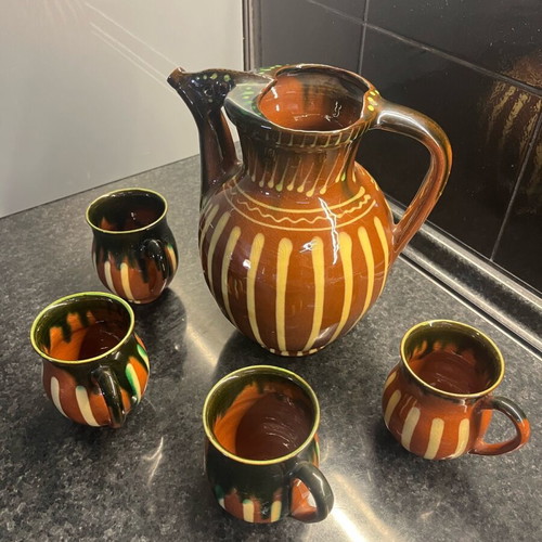 Clay set used, handmade painted jug and 4 cups