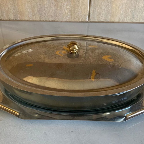 Serving Platter with 24K Gold Used, Stainless Steel and Glass